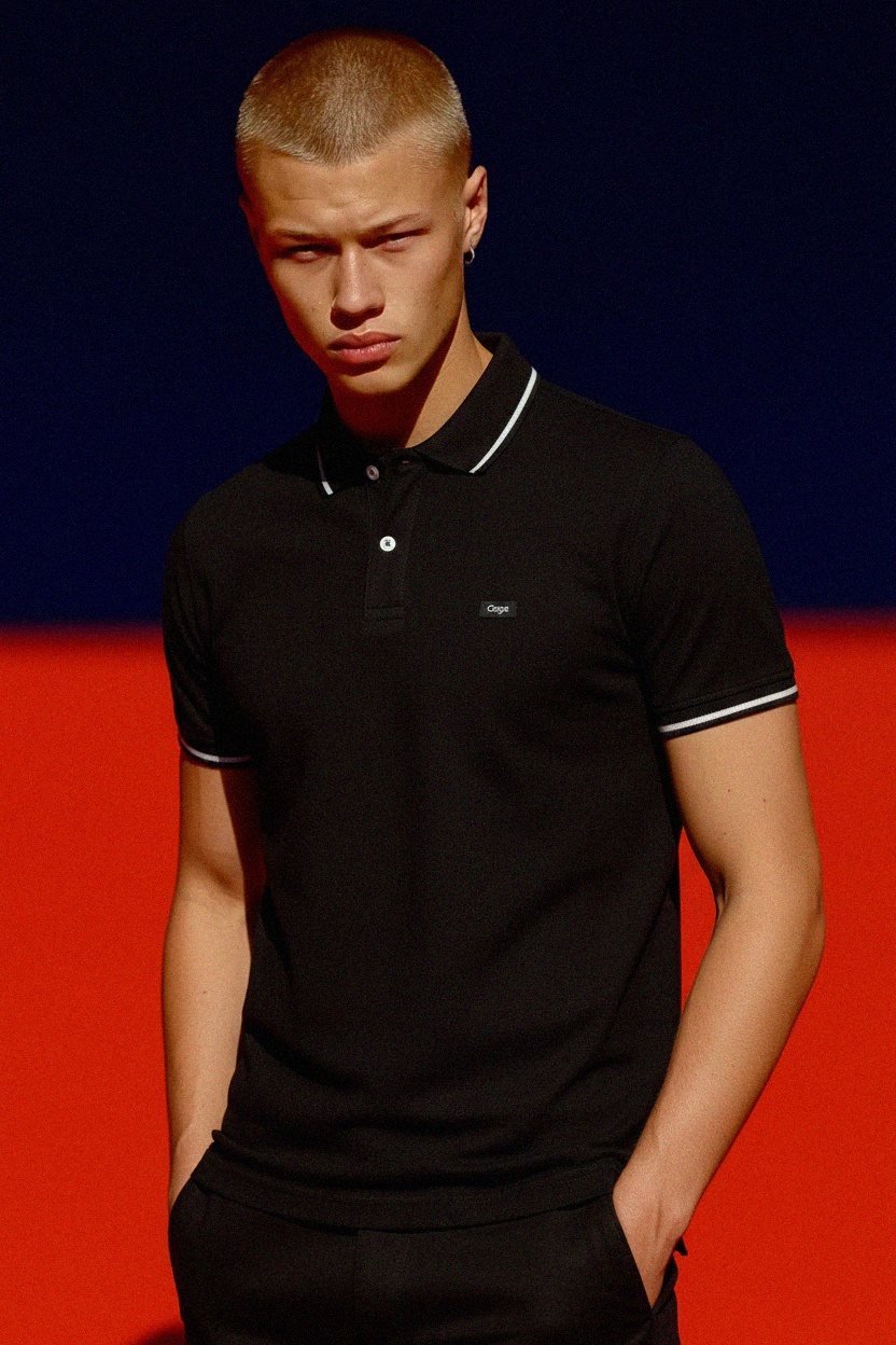 Classic Black Polo Shirt with White Trim Details photo 2