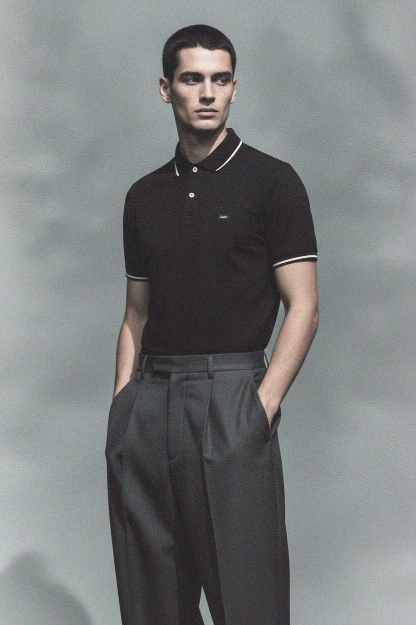 Classic Black Polo Shirt with White Trim Details photo 3