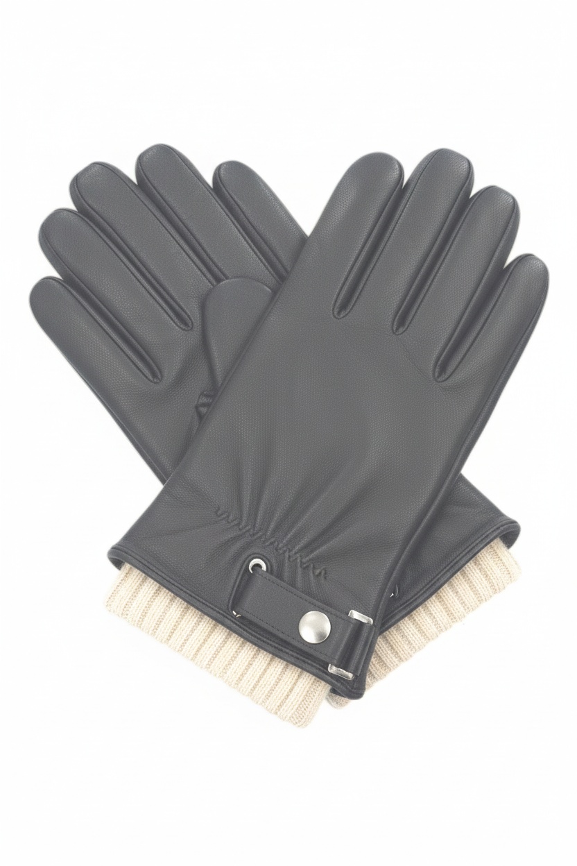 Classic Grey Leather Gloves with Ribbed Cuff photo 1