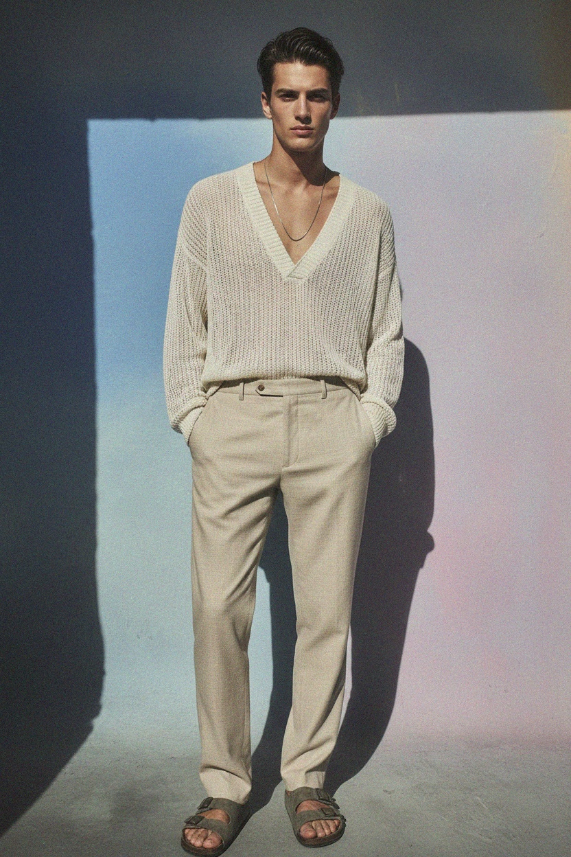 Light Beige Textured Regular Fit Trousers photo 2