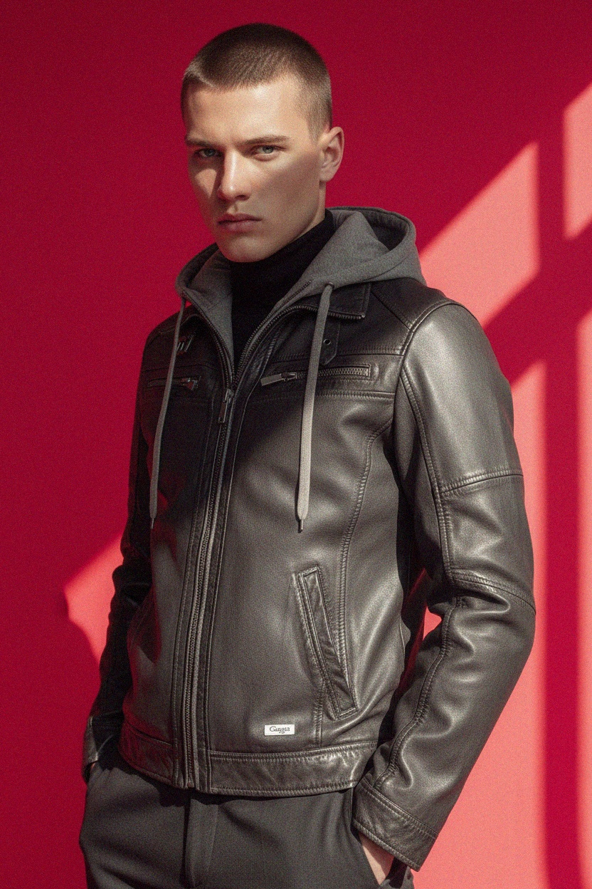 Faux Leather Jacket with Hooded Insert photo 2