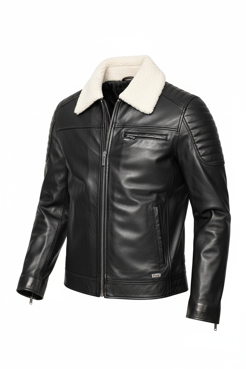 Stylish Black Leather Jacket with Sherpa Collar photo 1