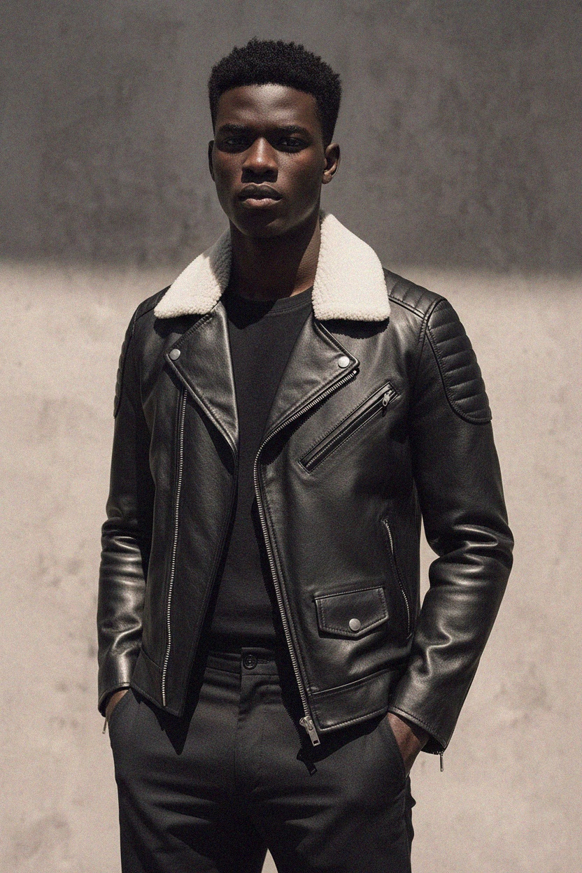 Stylish Black Leather Jacket with Sherpa Collar photo 2