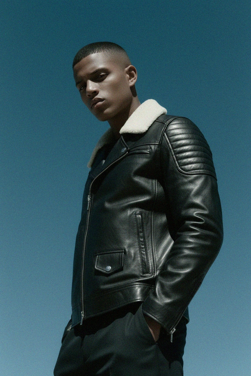 Stylish Black Leather Jacket with Sherpa Collar photo 3