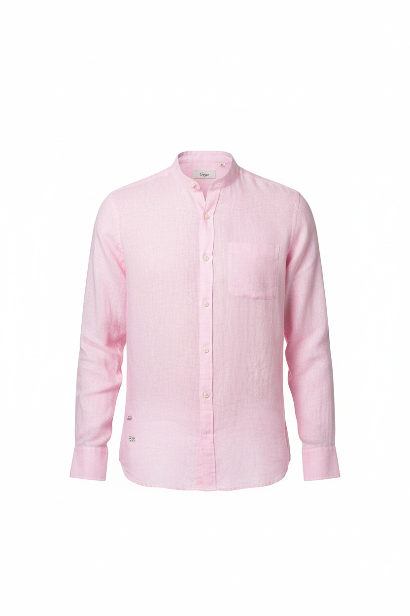 Pink Band Collar Linen Blend Long Sleeve Shirt photo 1