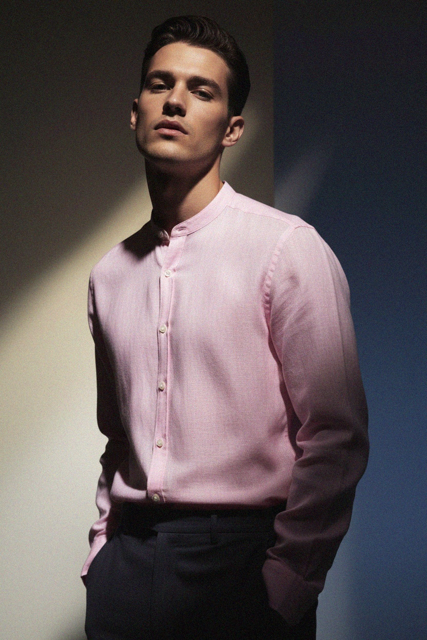 Pink Band Collar Linen Blend Long Sleeve Shirt photo 2