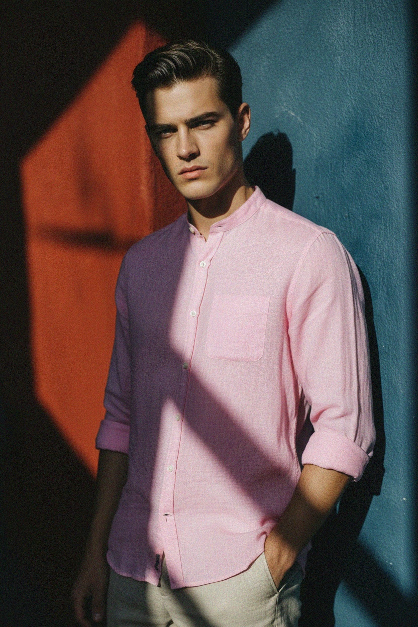 Pink Band Collar Linen Blend Long Sleeve Shirt photo 3