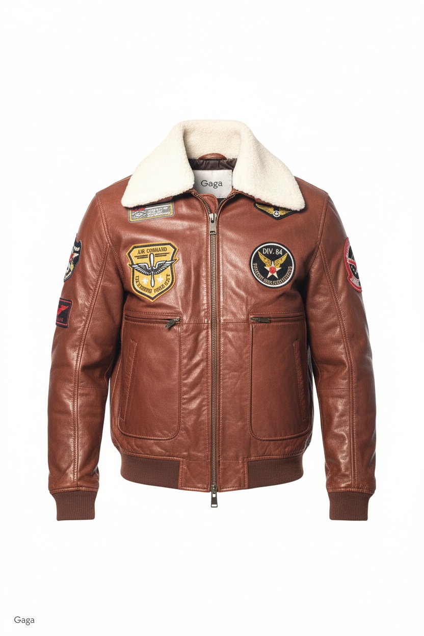 Brown Leather Aviator Jacket with Shearling Collar photo 1