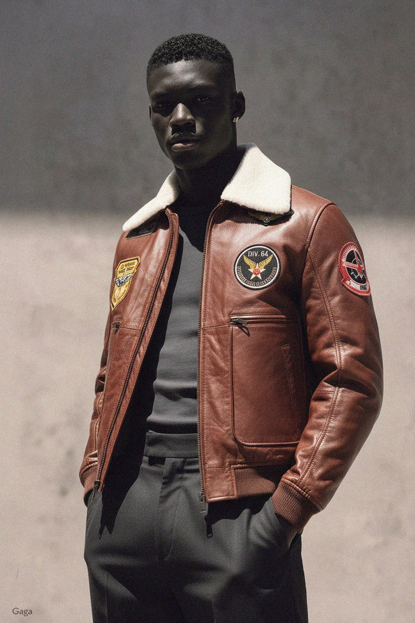 Brown Leather Aviator Jacket with Shearling Collar photo 3