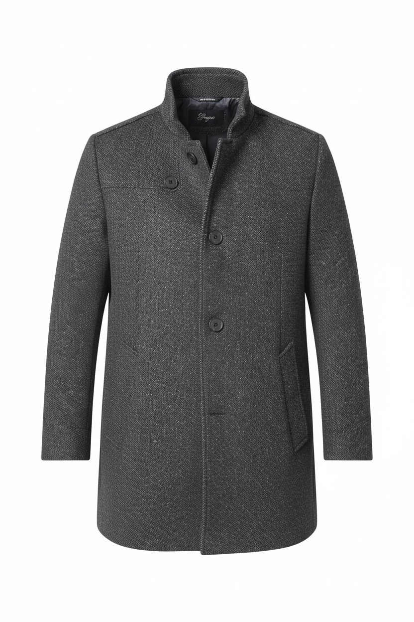 Textured Grey Button-Front Stand Collar Coat photo 1