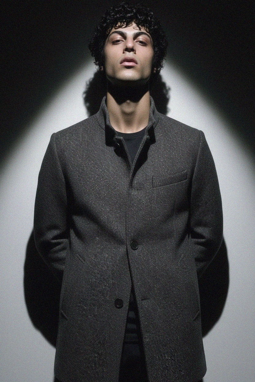 Textured Grey Button-Front Stand Collar Coat photo 2