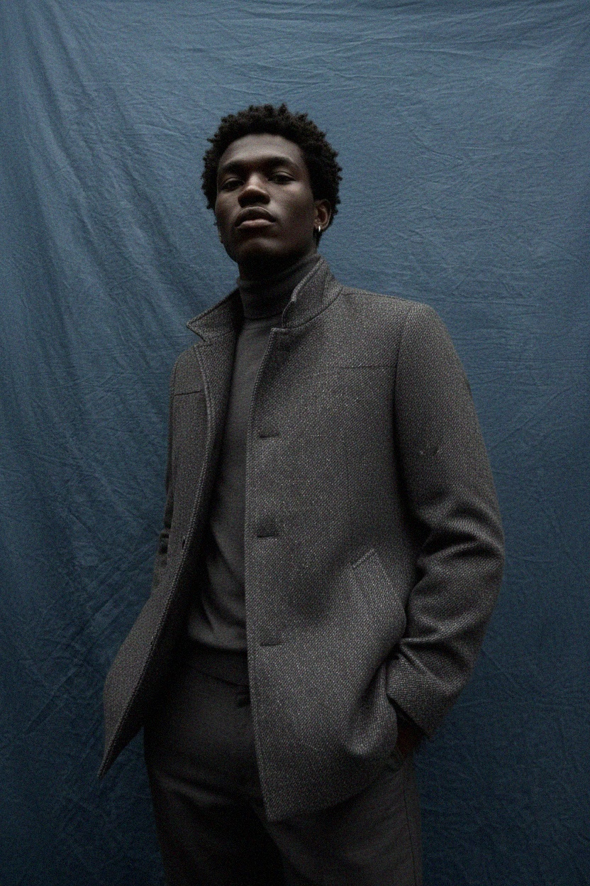 Textured Grey Button-Front Stand Collar Coat photo 3