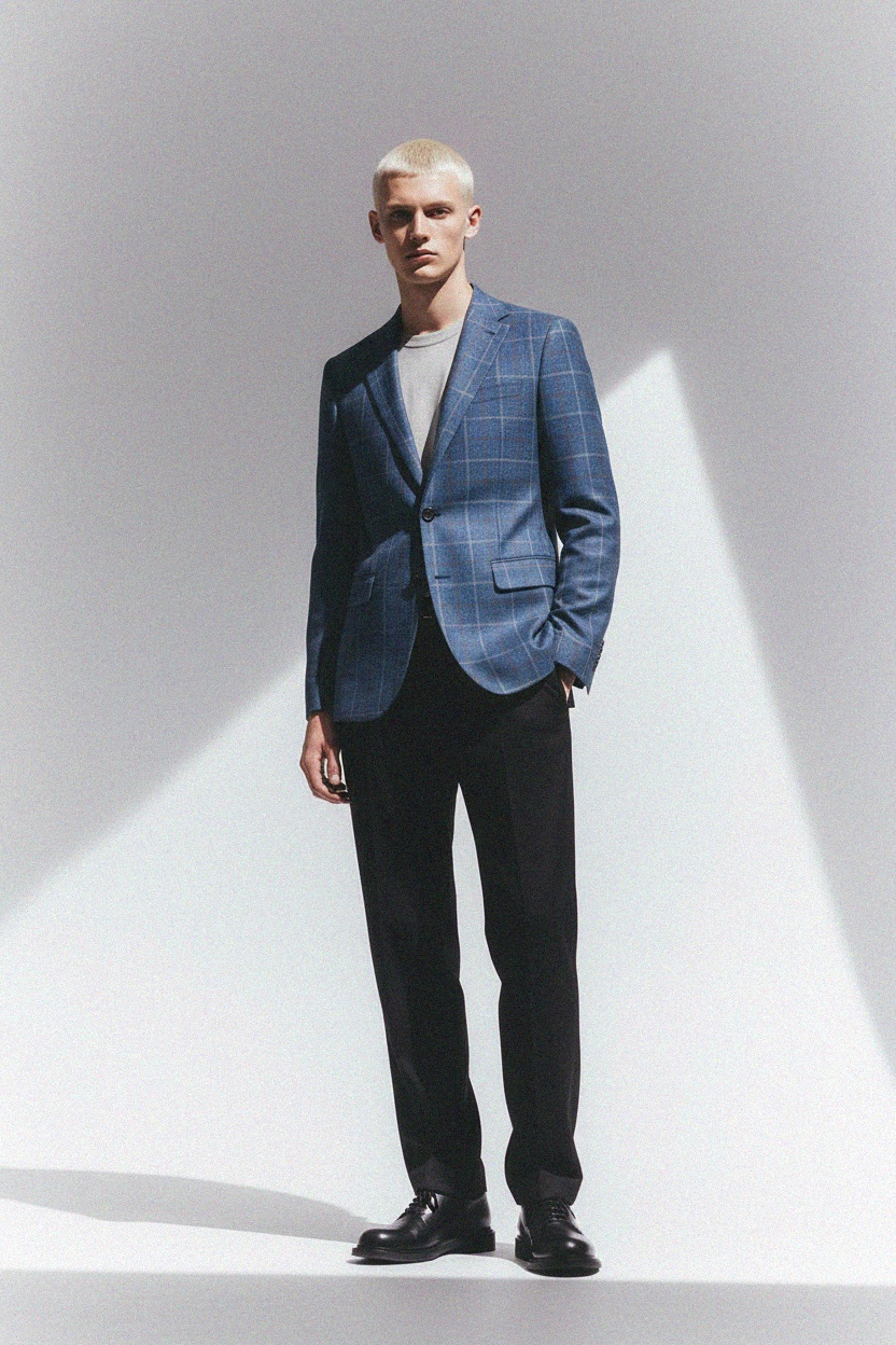 Blue Plaid Blazer with Check Pattern photo 2