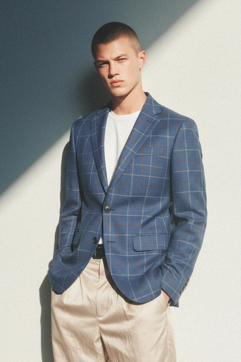 Blue Plaid Blazer with Check Pattern photo 3