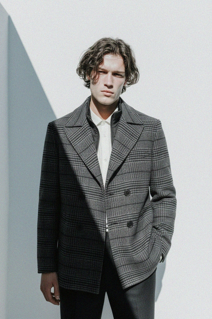 Grey Plaid Double-Breasted Coat photo 3