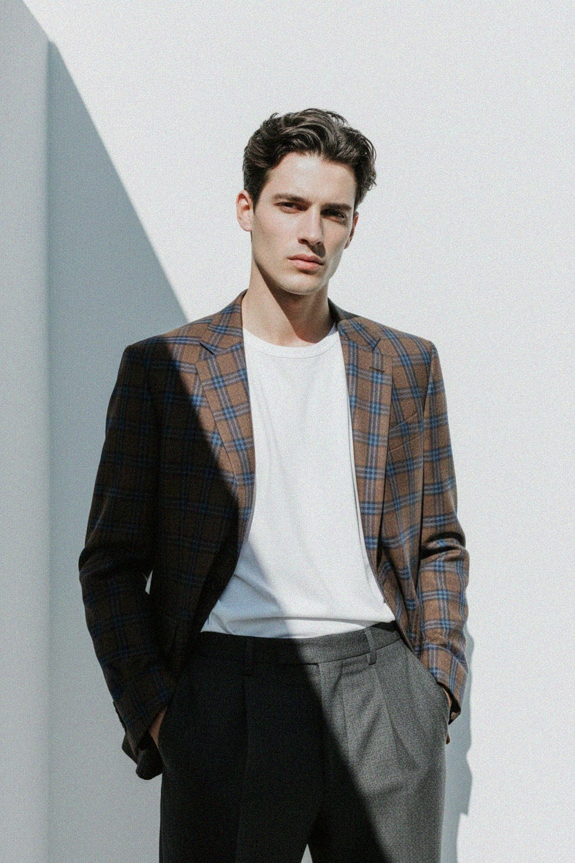 Tailored Brown Plaid Blazer with Blue Grid photo 3