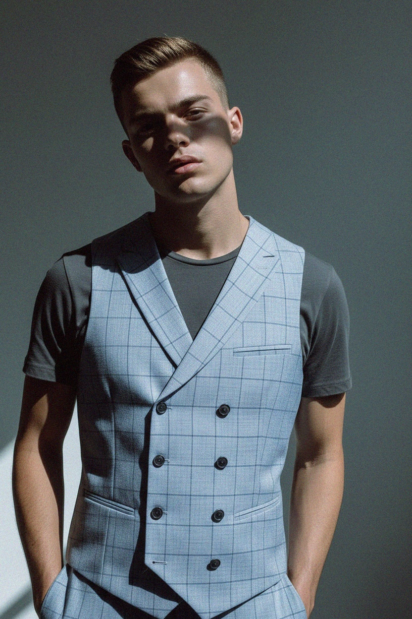 Blue Plaid Double-Breasted Vest photo 3