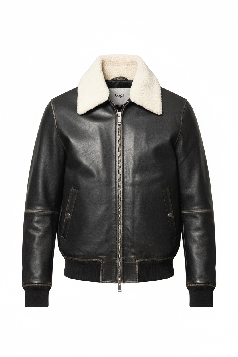 Classic Leather Bomber Jacket with Shearling Collar photo 1