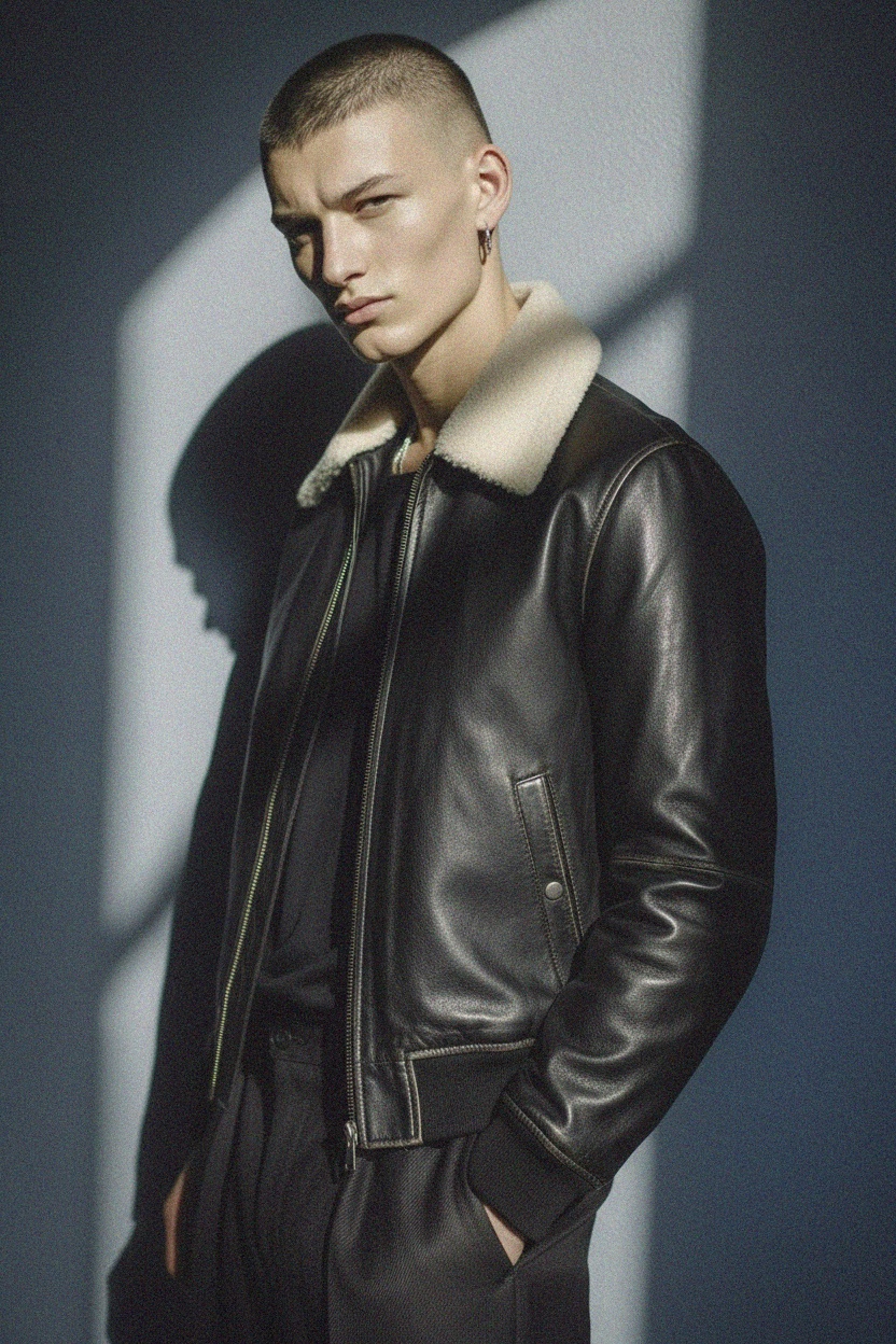 Classic Leather Bomber Jacket with Shearling Collar photo 2