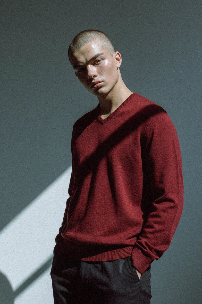 Classic V-Neck Knit Sweater in Rich Red photo 2