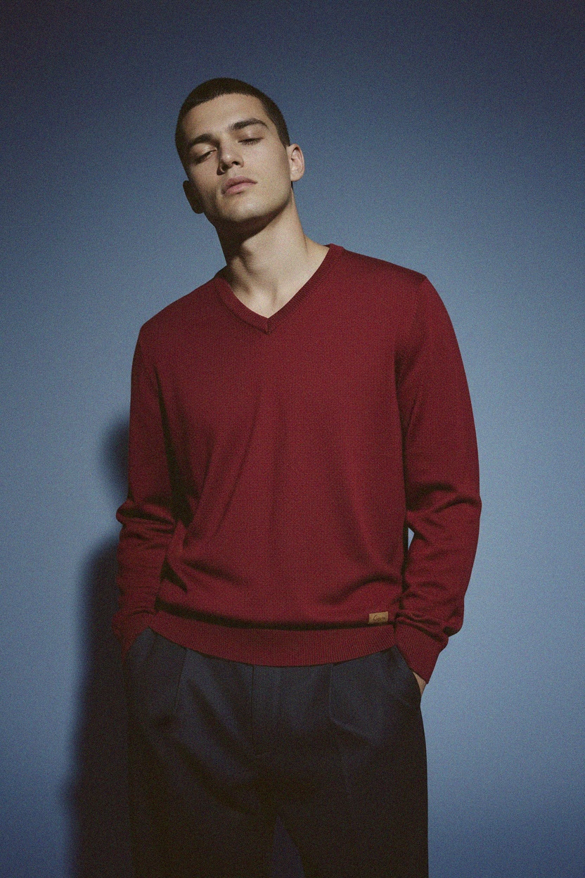 Classic V-Neck Knit Sweater in Rich Red photo 3