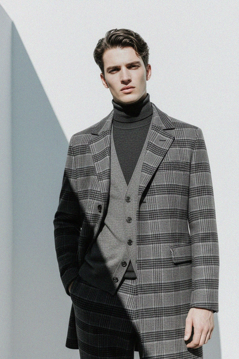 Stylish Grey Plaid Overcoat photo 3