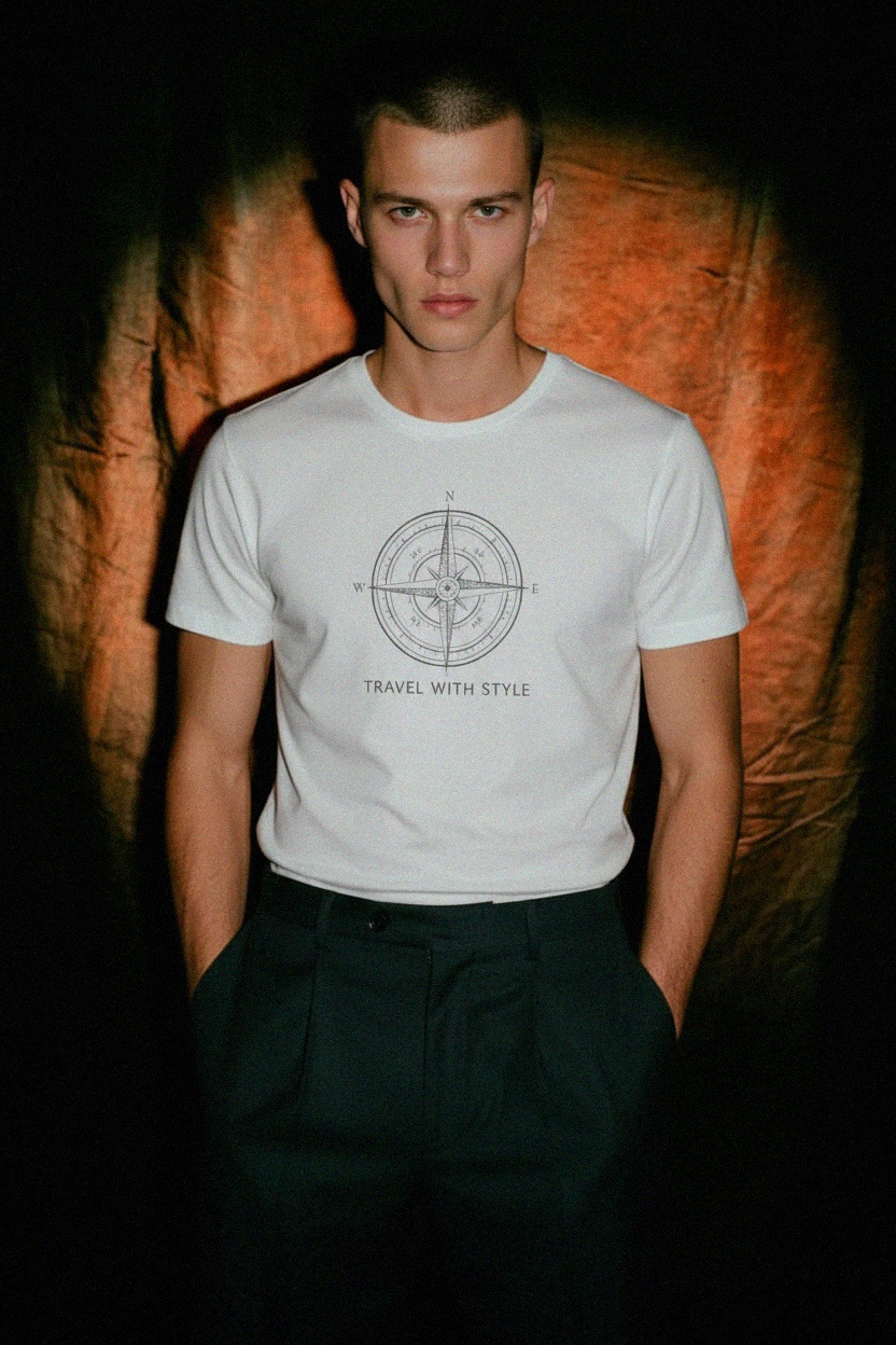 White T-shirt with Compass Graphic Print photo 2