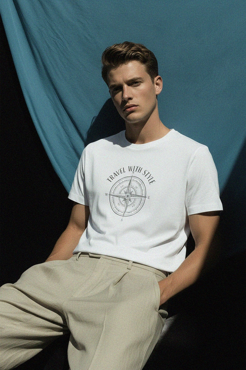 White T-shirt with Compass Graphic Print photo 3