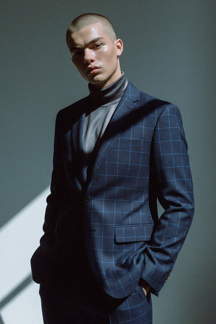 Blue Plaid Blazer with Grid Pattern photo 3