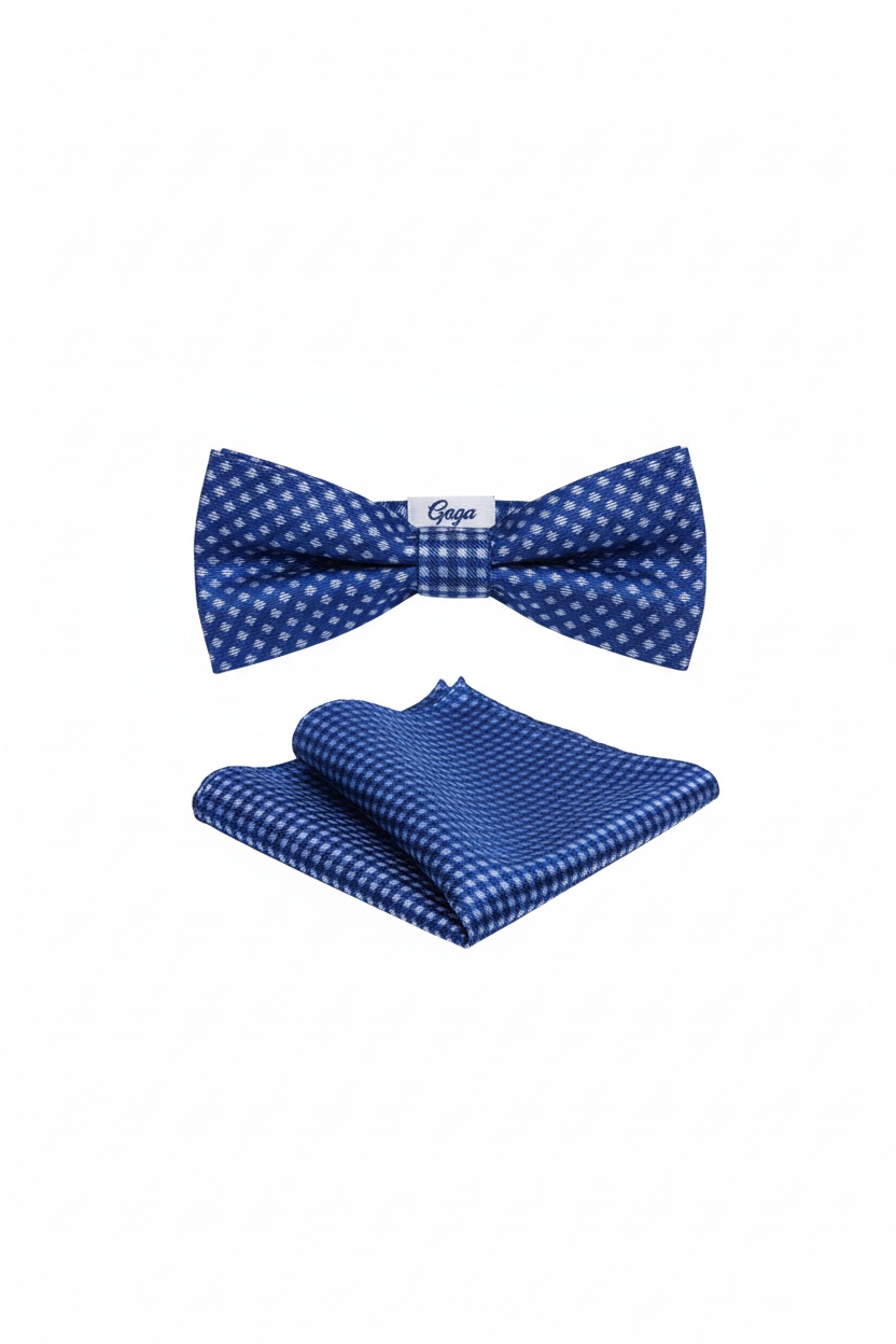 Blue Checkered Bow Tie and Matching Pocket Square Set photo 1