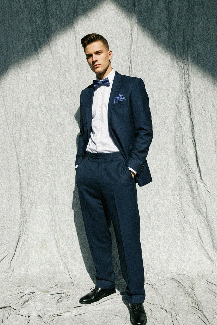 Blue Checkered Bow Tie and Matching Pocket Square Set photo 2