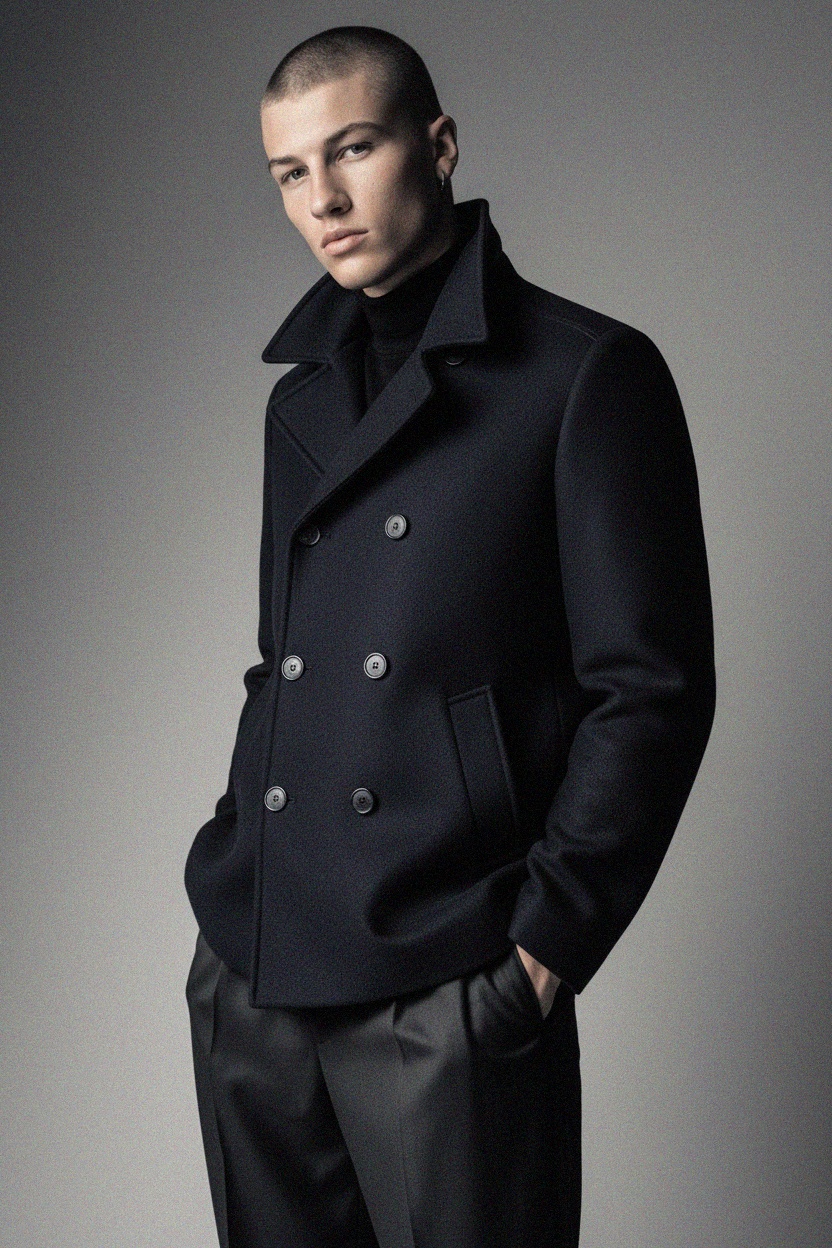 Navy Double-Breasted Wool Blend Coat photo 2