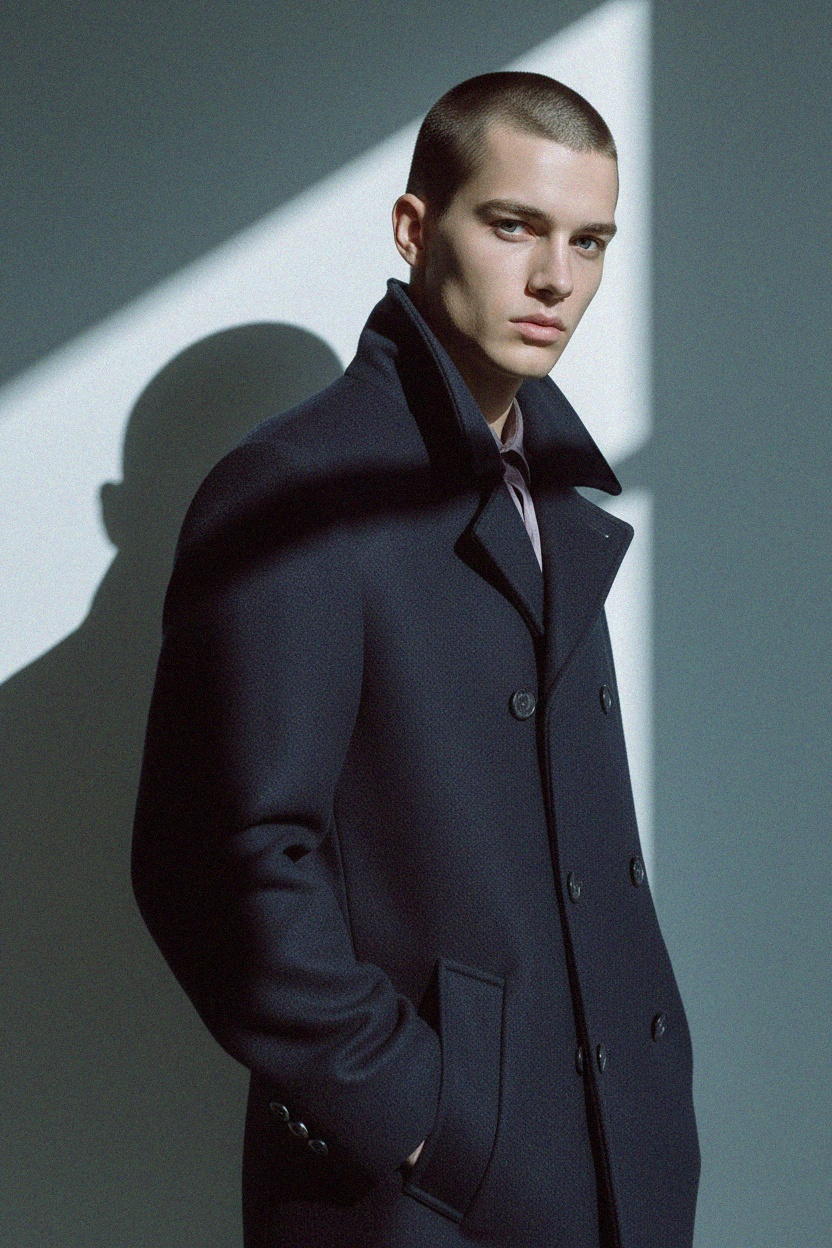 Navy Double-Breasted Wool Blend Coat photo 3