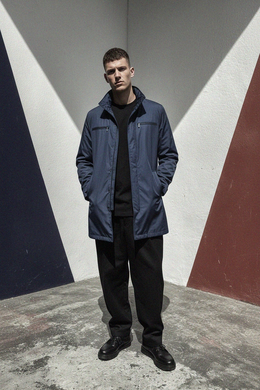 Classic Blue Mid-Length Coat with Zipper Details photo 2