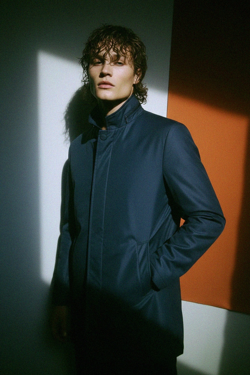 Classic Blue Mid-Length Coat with Zipper Details photo 3