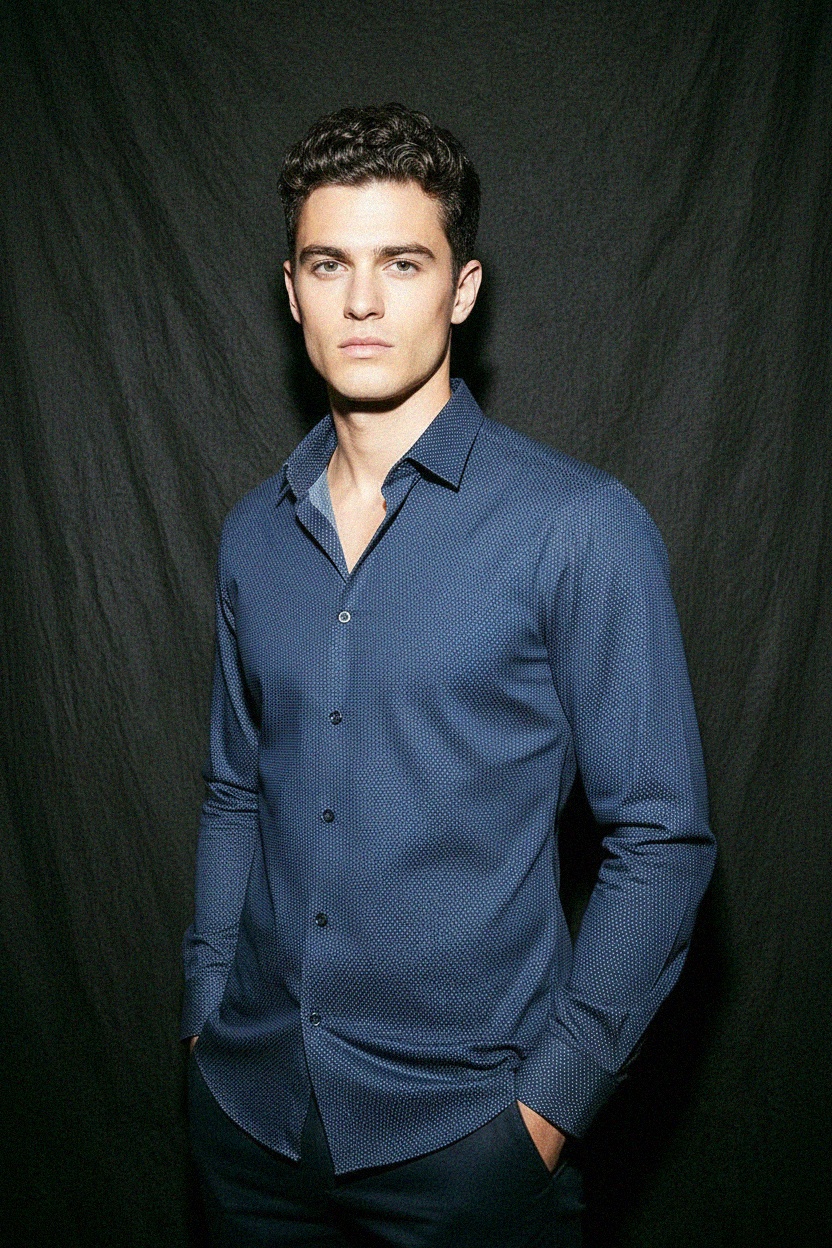 Blue Dotted Slim Fit Long Sleeve Shirt photo 3