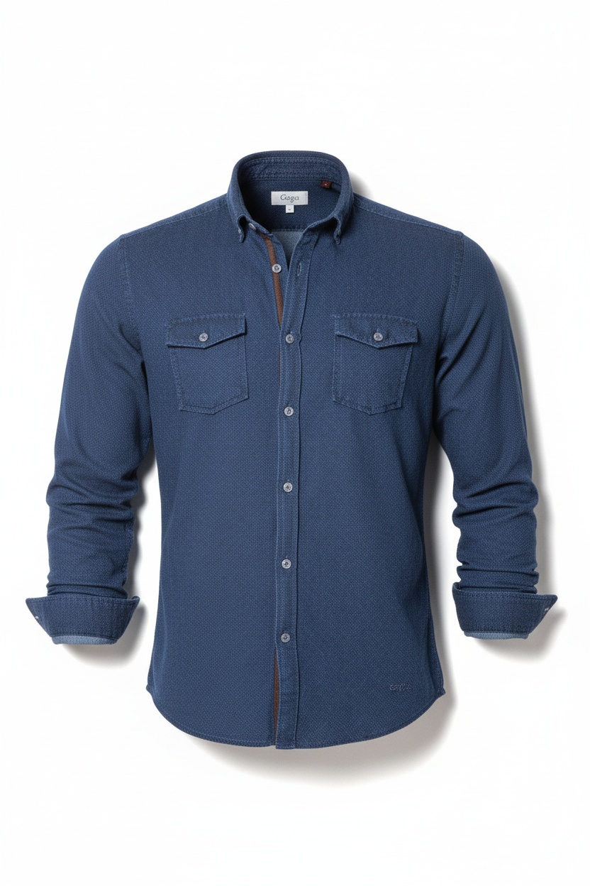 Textured Blue Button-Up Shirt with Dual Pockets photo 1