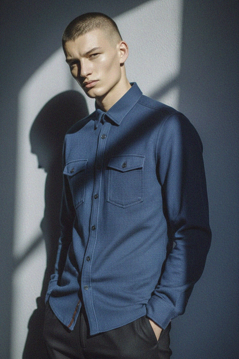 Textured Blue Button-Up Shirt with Dual Pockets photo 2