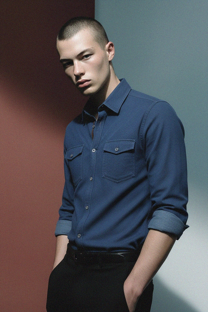 Textured Blue Button-Up Shirt with Dual Pockets photo 3