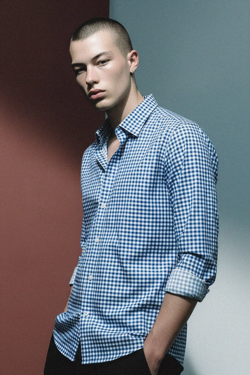 Blue Gingham Checkered Long Sleeve Shirt photo 3