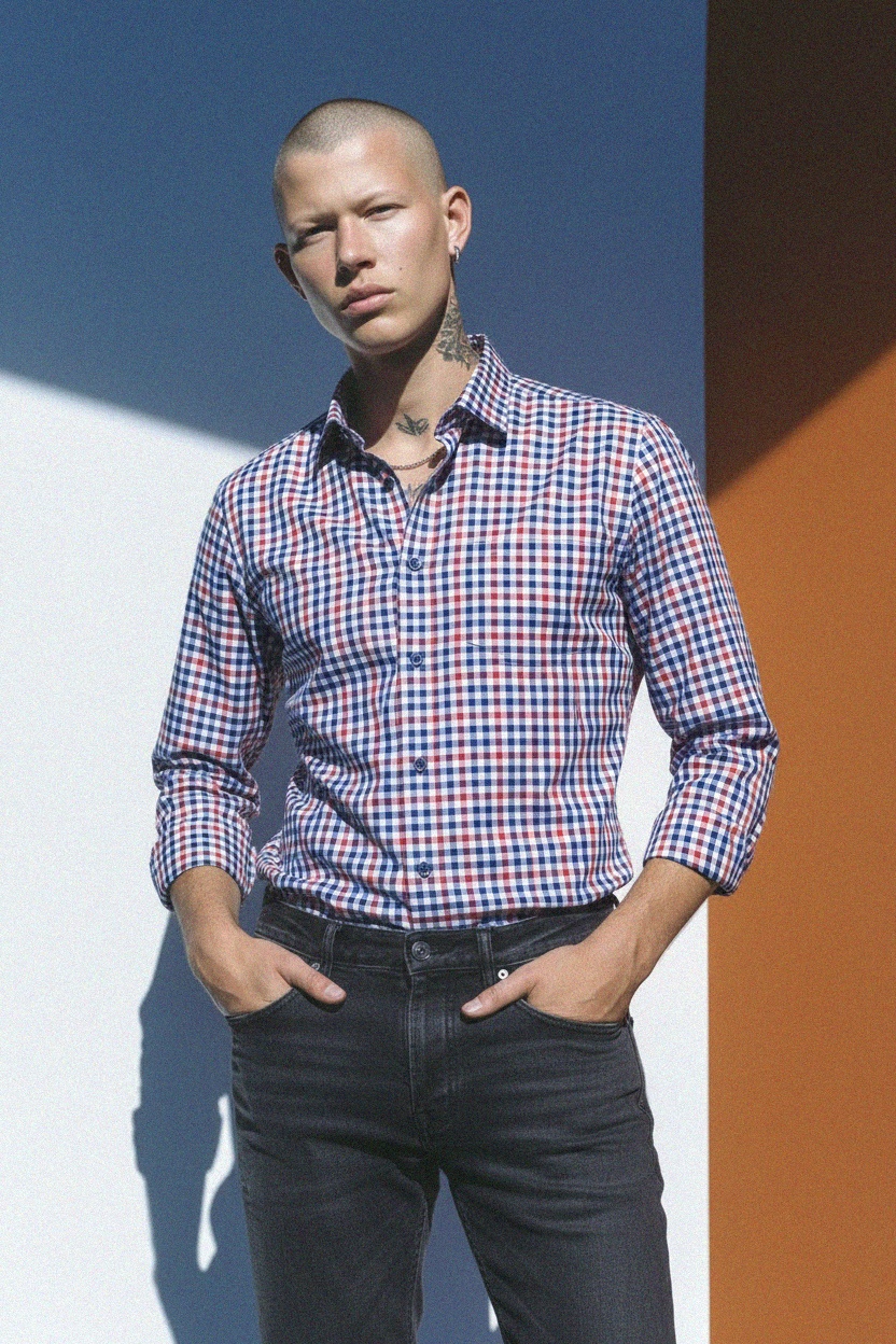 Checkered Button-Up Shirt with Red and Blue Pattern photo 2