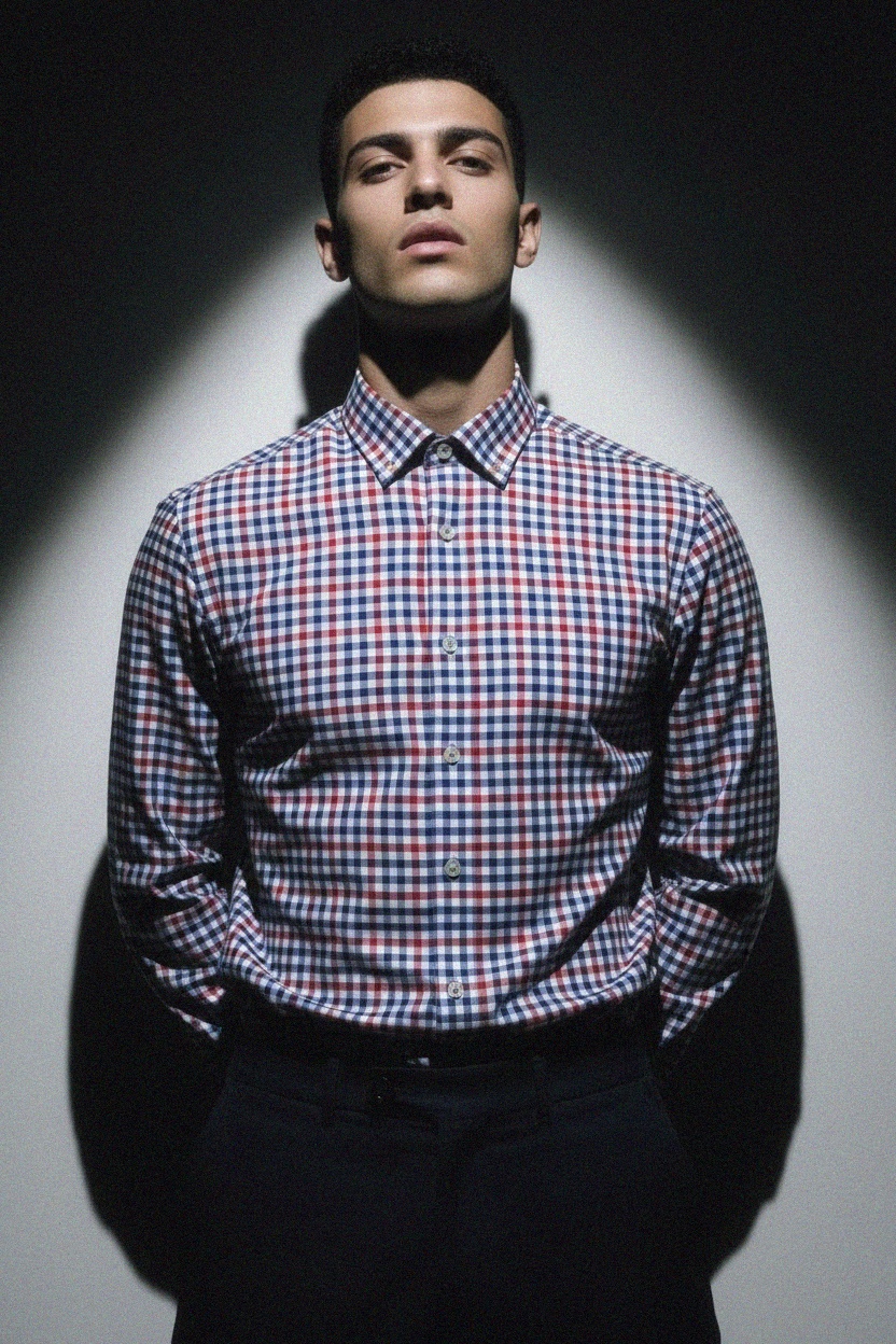Checkered Button-Up Shirt with Red and Blue Pattern photo 3