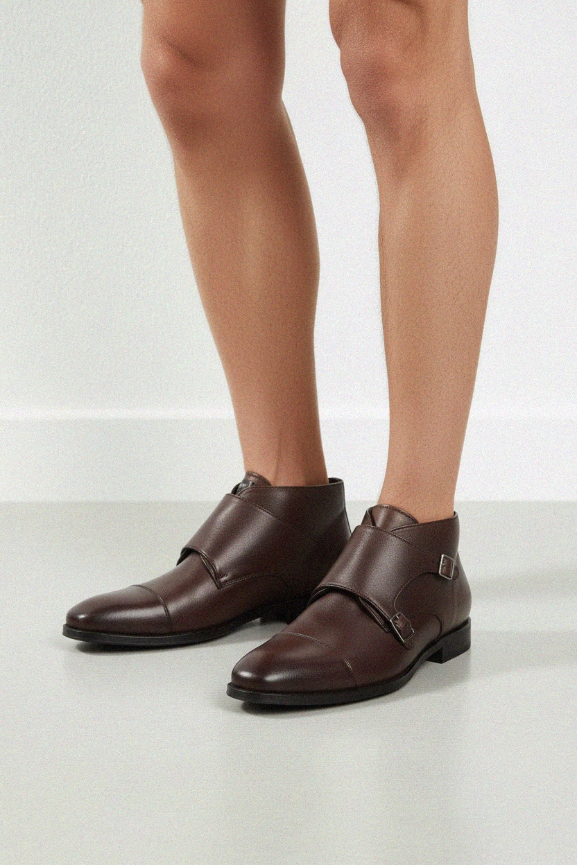Elegant Brown Leather Double Monk Strap Ankle Boots photo 2