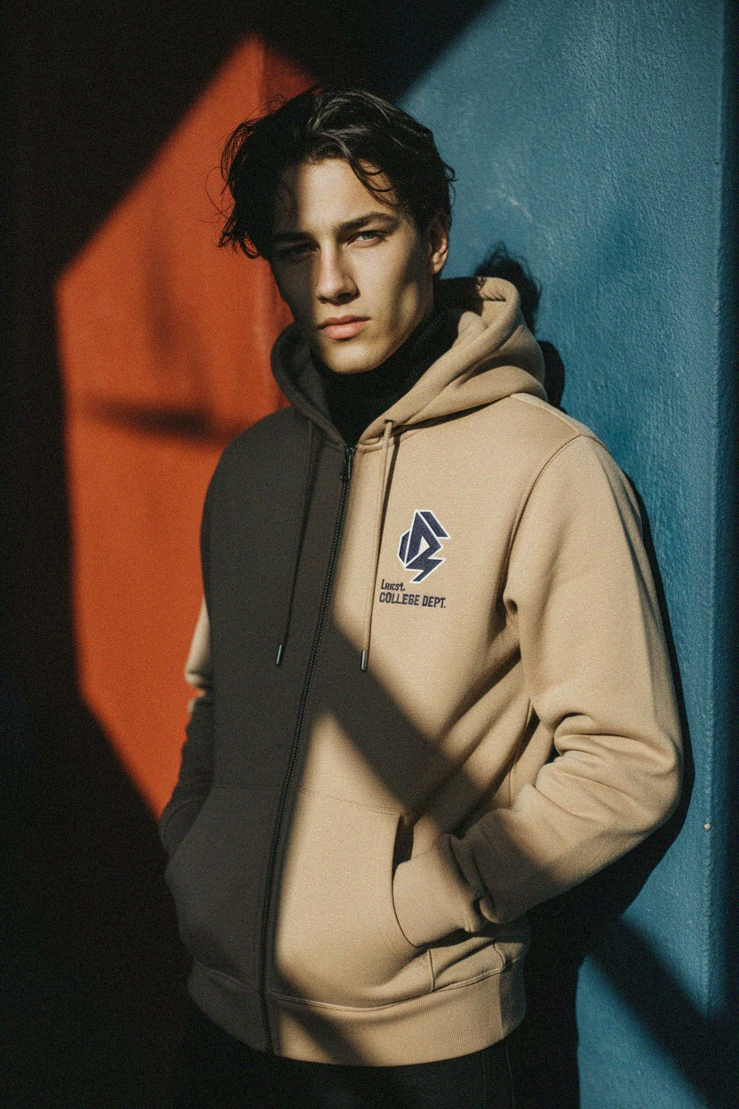 Full-Zip Hoodie with College Dept Logo - Beige photo 2