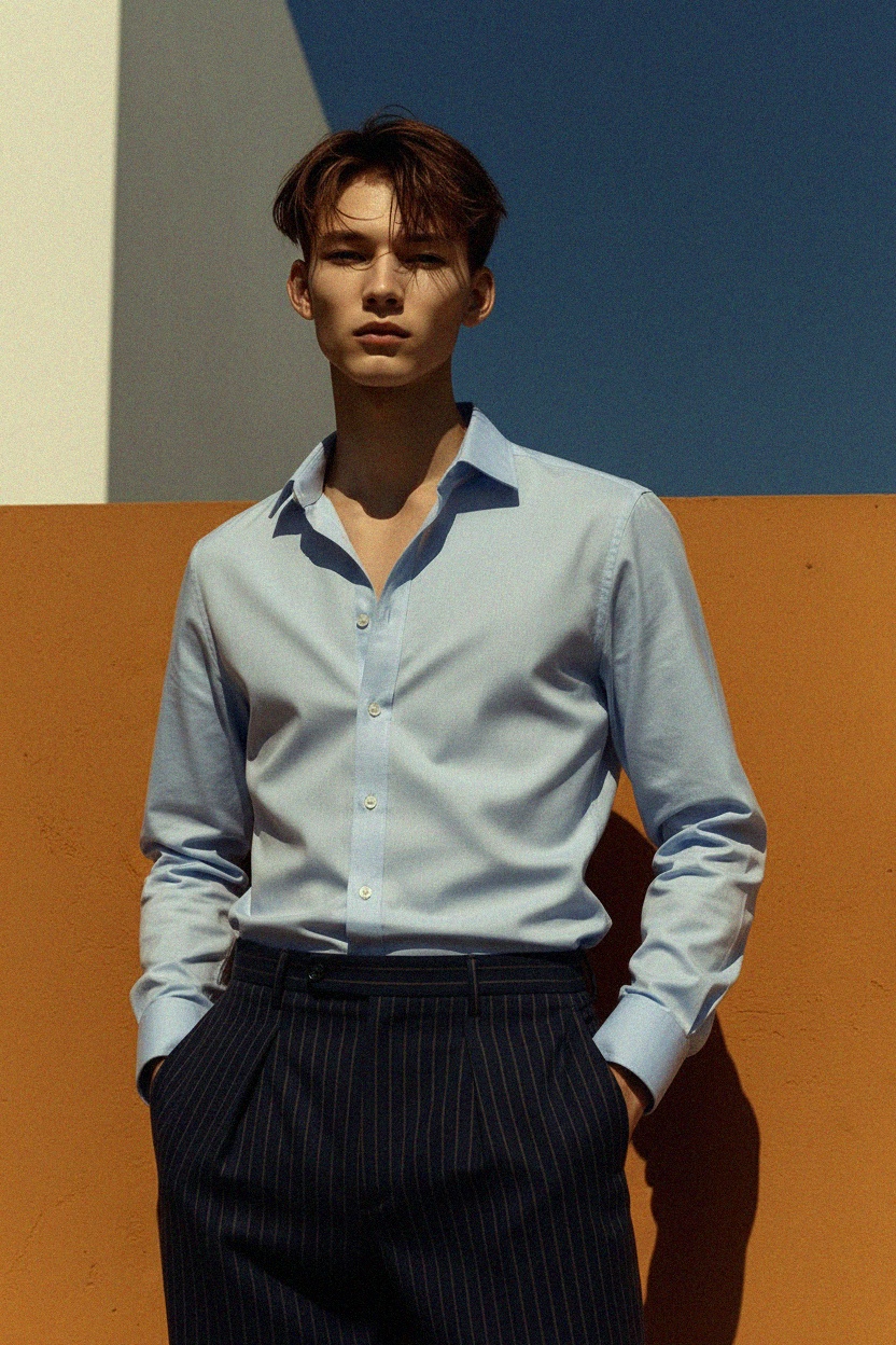 Classic Blue Button-Down Collar Long Sleeve Shirt photo 3