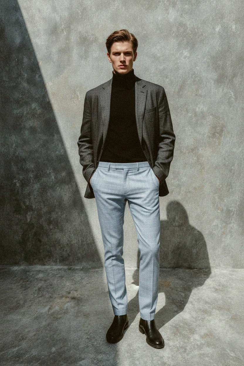 Light Blue Plaid Slim Fit Pants photo 2