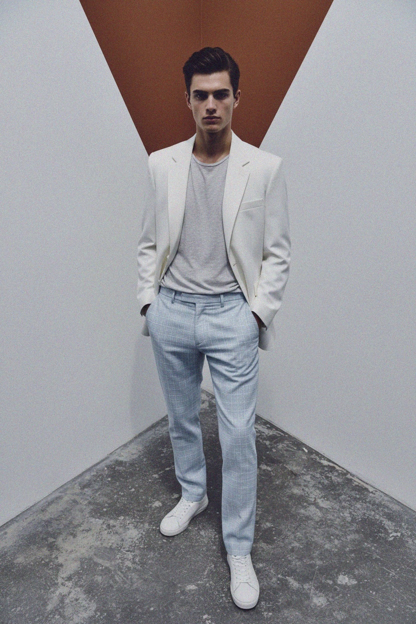 Light Blue Plaid Slim Fit Pants photo 3