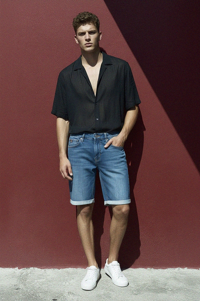 Classic Blue Denim Shorts with Cuffed Hem photo 2