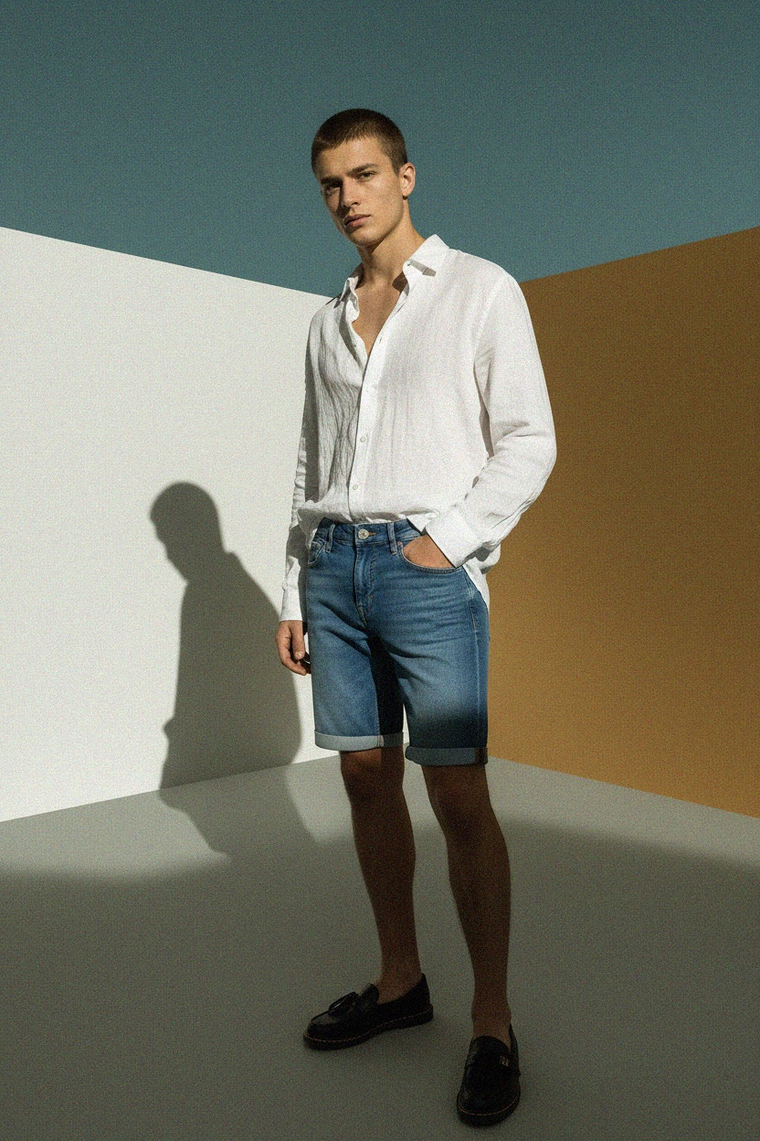 Classic Blue Denim Shorts with Cuffed Hem photo 3