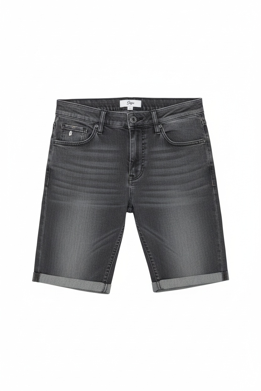 Washed Grey Denim Shorts with Cuffed Hem photo 1